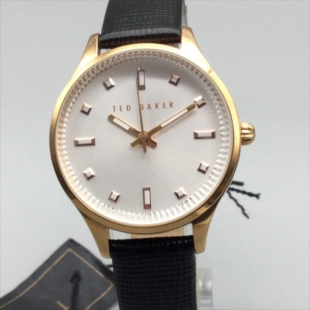 Ted Baker Womens Watch 32mm White Dial Rose Gold Tone Black Leather New Battery